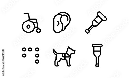 Accessibility icons: mobility, hearing aid, and guide dog in outline design