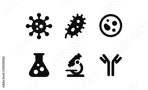 Biology icons set featuring viruses, bacteria, cells, and lab equipment in silhouette style