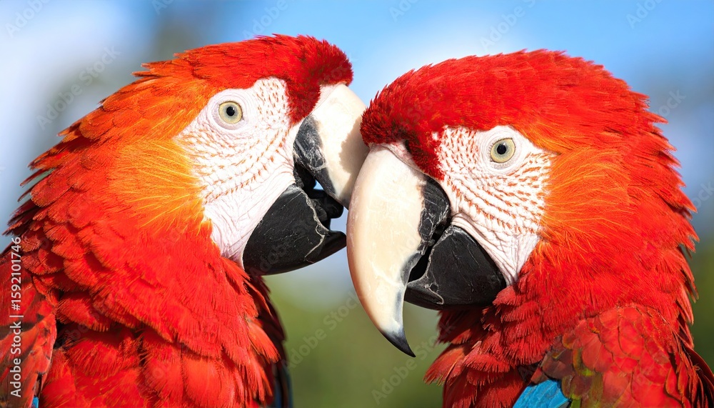 Fototapeta premium Close-up of two scarlet macaws facing each other (1)
