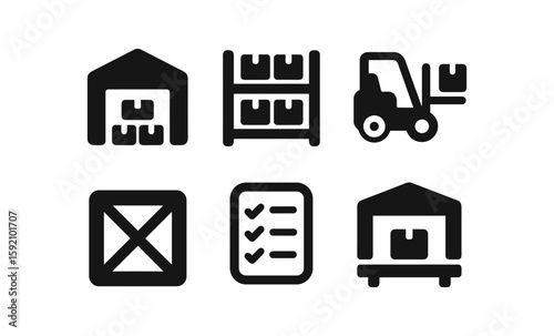 Warehouse logistics icons: inventory, storage and equipment in minimalist design