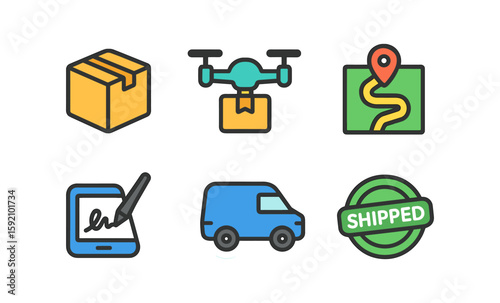 Delivery icons pack: drone, package, route, van, shipped, signature