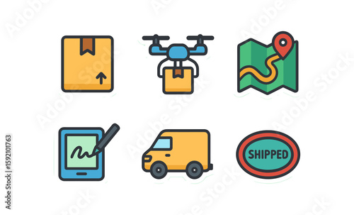 Colorful delivery and shipping icons set for modern logistics