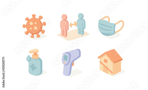 Safety icons set: hygiene, social distancing, and health