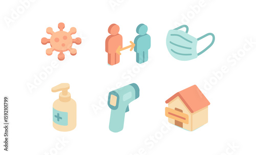 Comprehensive health safety icons set with pandemic precautions in isometric style