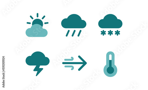 Minimalist weather icons set featuring sun, clouds, rain, snow, storm, wind, and thermometer symbols