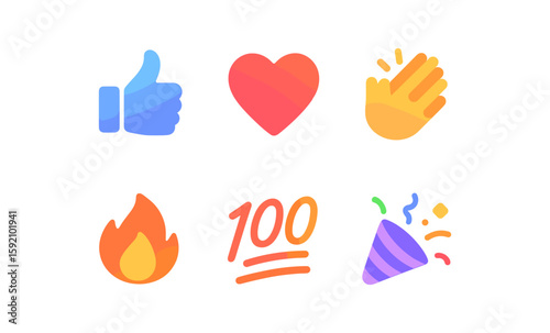 Colorful minimalist emoji set featuring thumbs up, heart, clapping, fire, 100, and party symbols