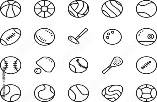 Collection of simple and stylish black and white outline illustrations of sports balls
