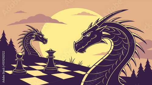 Dragons chess game strategy illustration fantasy art mythical creatures board game design concept art vector