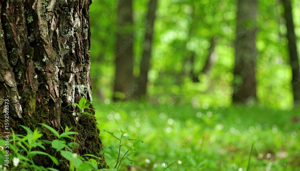 Naklejka premium Lush forest floor with a tree trunk