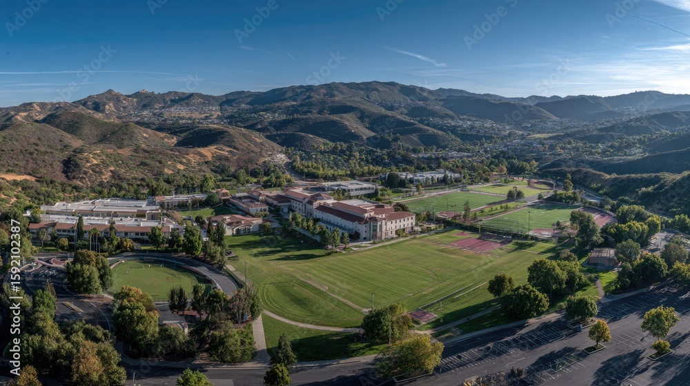 Obraz premium Panoramic aerial view of campus nestled in valley, mountains in background