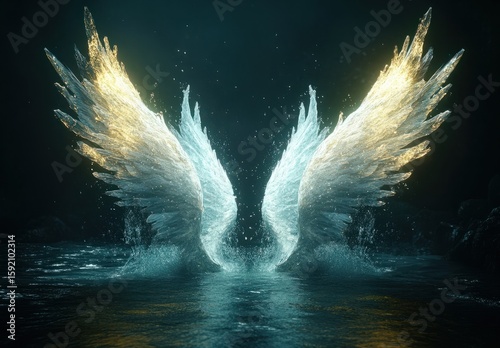 Ethereal Wings of Light and Water Creating a Dreamlike Scene in a Mystical Environment
