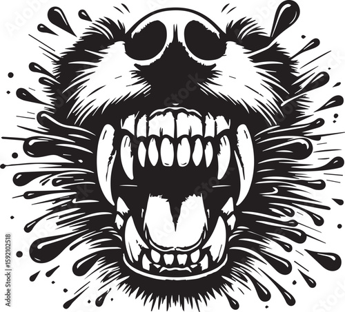 Aggressive Bear A Dynamic Black and White Illustration with Fierce Expression and Sharp Teeth