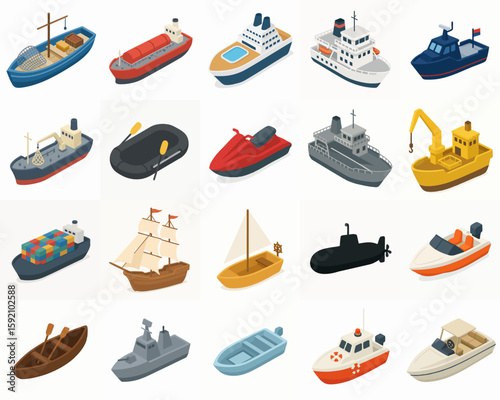 Isometric Detailed Ship and Boat Transportation Vehicles Fleet Icon Set