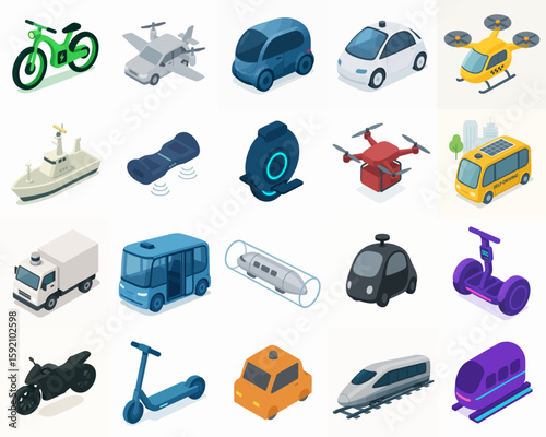 Isometric Detailed Pixel Art Transportation Set of Vehicle and Public Transport