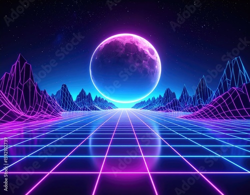 Neon grid landscape with a large moon