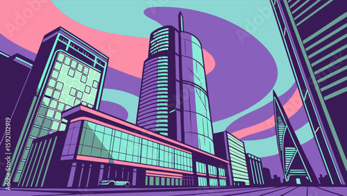 Cityscape architecture building urban skyline illustration with purple and teal color palette design