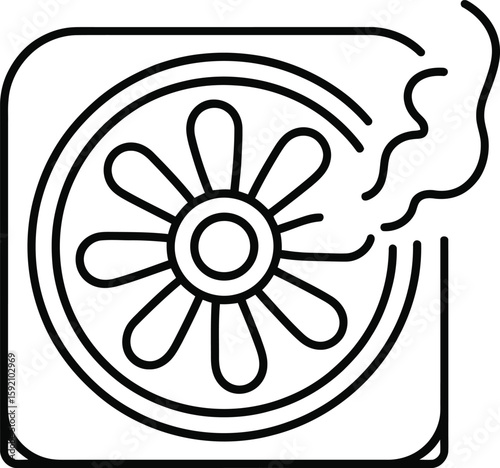 Overheated computer fan with smoke coming out represented by a line drawing