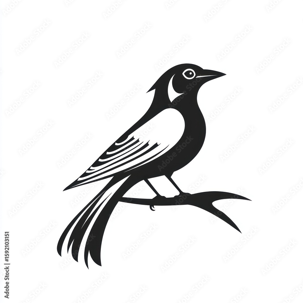 Obraz premium Black and white stylized bird silhouette on branch