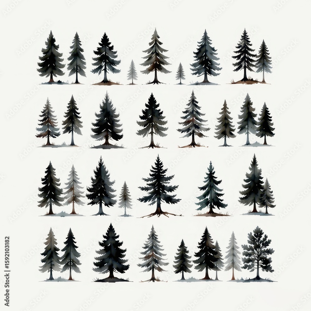 Fototapeta premium a collection of dark forests, watercolor style, arranged in a 3x3 grid on a white background