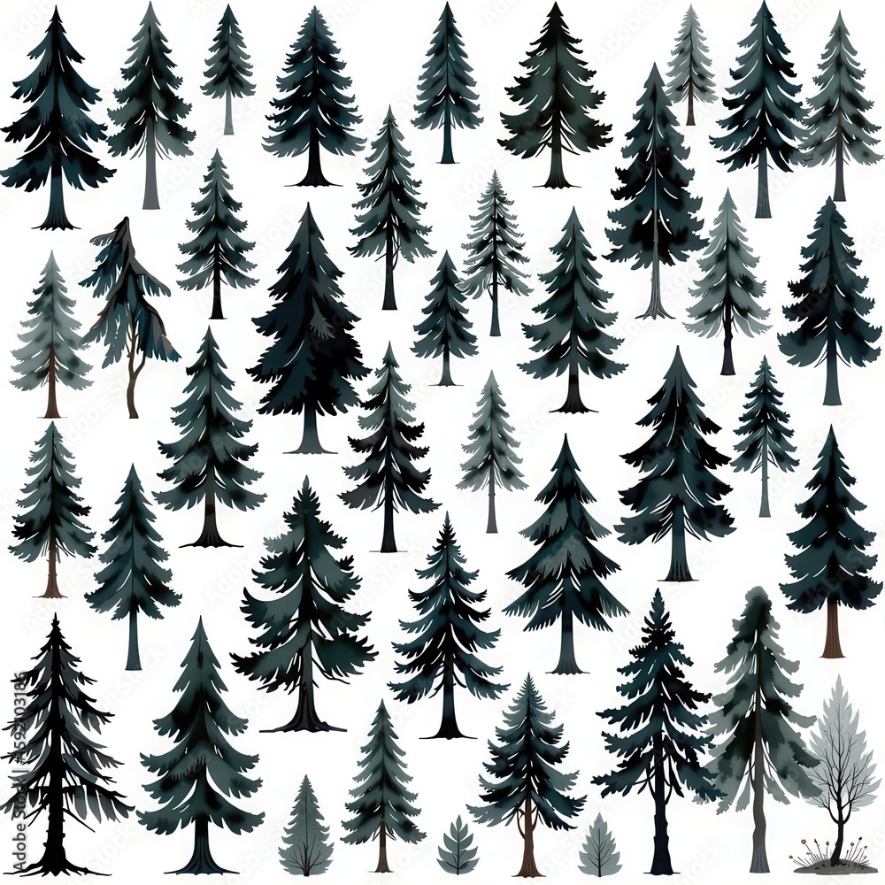 Obraz premium a collection of dark forests, watercolor style, arranged in a 3x3 grid on a white background