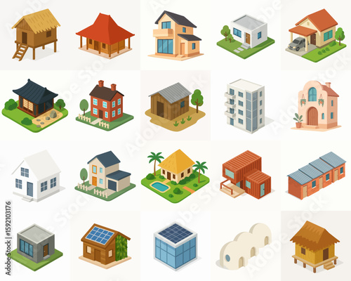 Isometric Diverse House Architecture Styles Real Estate Property Illustration Set