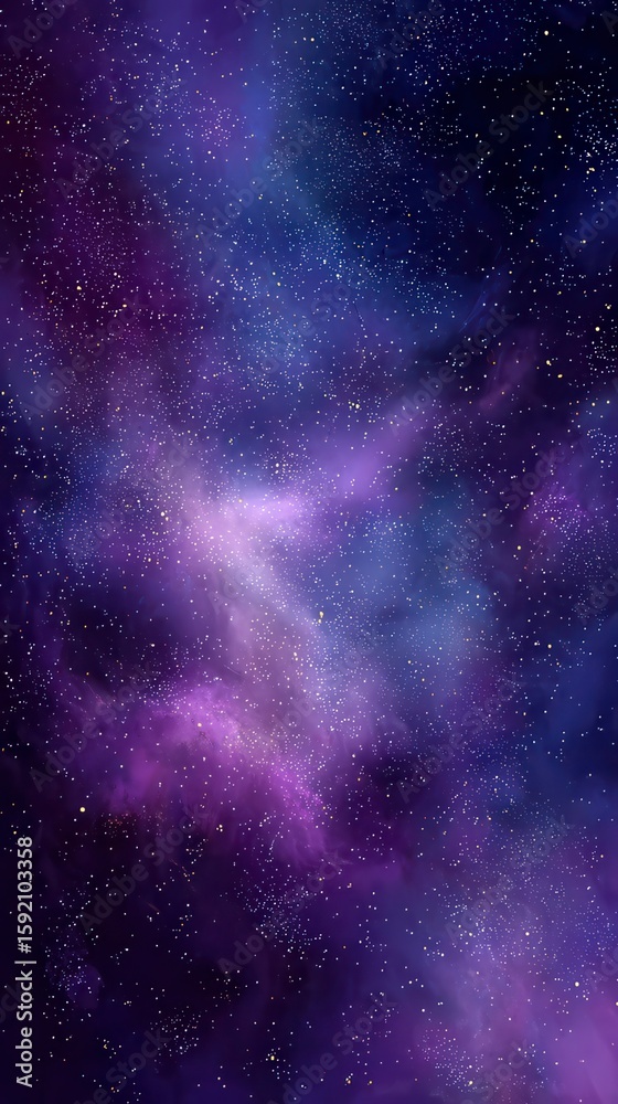 Naklejka premium A vertical starry night sky with a smooth gradient from deep purple to dark blue, filled with tiny sparkling stars and a soft glowing purple nebula drifting through the center.