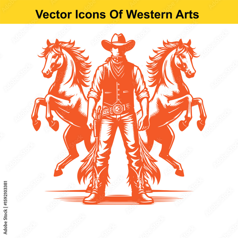 Fototapeta premium Cowboy with Two Rearing Horses – Black and White Western Vector Illustration