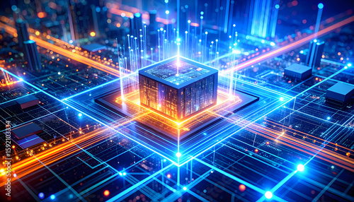 Abstract Futuristic Cityscape Circuit Board with Glowing Processor