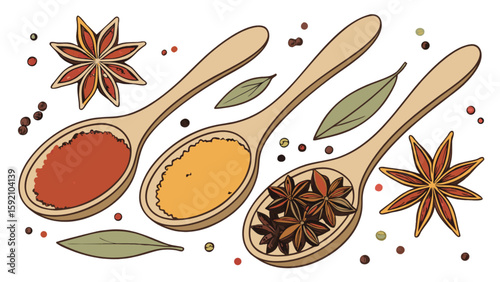 Spice spoons illustration with star anise, paprika and turmeric for culinary and food blog designs