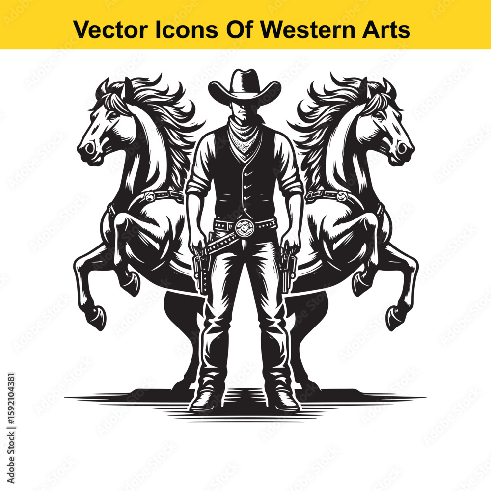 Fototapeta premium Cowboy with Two Rearing Horses – Black and White Western Vector Illustration