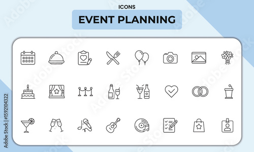 Event Planning Line Icons Pack – Unique Black & White Vector Symbols for Parties, Weddings, Conferences & Celebrations