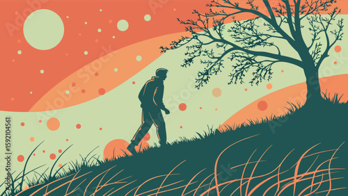Man walking outdoor nature landscape illustration vector art for print and web design template use