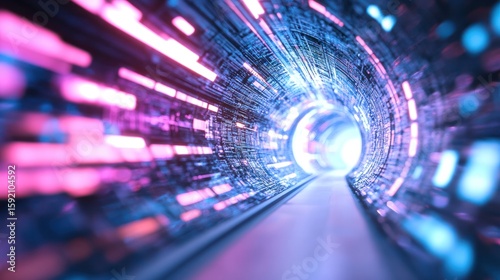 Neon Tunnel: Futuristic digital tunnel with vibrant neon lights, glowing pathways and a bright exit at the end. Perfect for themes of technology, innovation, progress, and the future. 