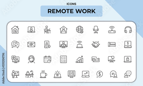 Remote Work Line Icons Pack –  Vector Icons for Home Office, Telecommuting, Video Conferencing, Productivity, and Freelance Tools
