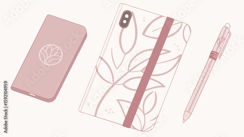 Aesthetic phone case mockup with pen and phone for product showcase and designs presentation template