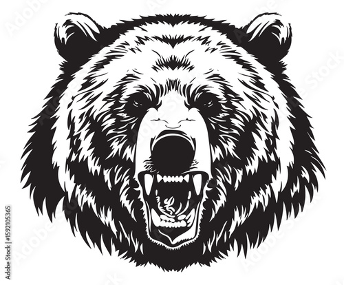 Powerful Grizzly Bear: A striking black and white illustration of a fierce grizzly bear, its face rendered in bold lines to showcase its wild intensity.