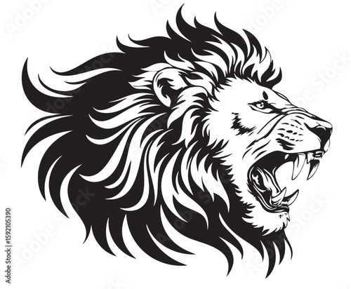 Roaring Lion Emblem: A striking black and white illustration of a majestic lion roaring, embodying strength, power, and leadership, perfect for branding and design projects.