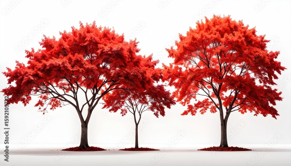 Fototapeta premium Three vibrant red trees against a plain white backdrop