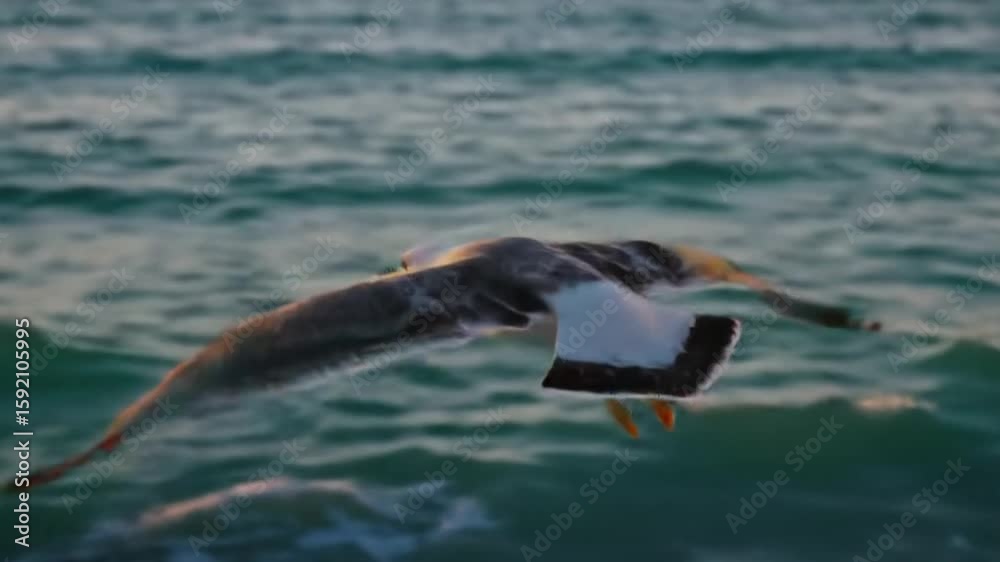 Seekor burung camar yang anggun terbang di atas ombak laut biru, burung laut liar yang cantik di alam