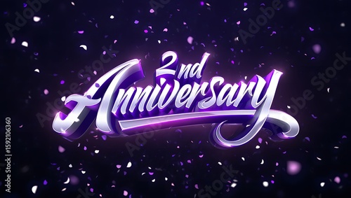 A glamorous second anniversary is celebrated with purple confetti and a shiny, elegant design against a dark background