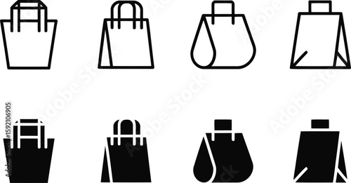 Shopping Bag Icon Set in Black and White Minimalist Style