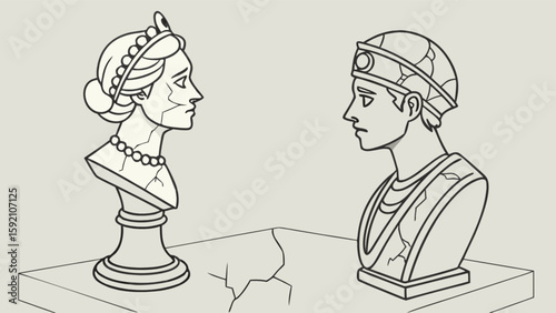 Broken statue of queen and king facing each other on cracked table art illustration vector design