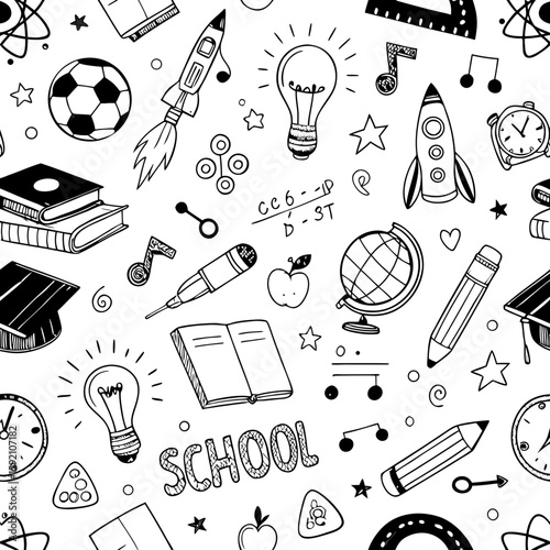 School Doodle Pattern Vector | Hand-Drawn Education Icons Seamless Background Illustration