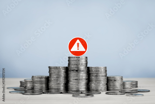 Stack of coins and red circle warning sign, with copy space. Concept of financial risk management, financial urgency, investment analysis and decision making.