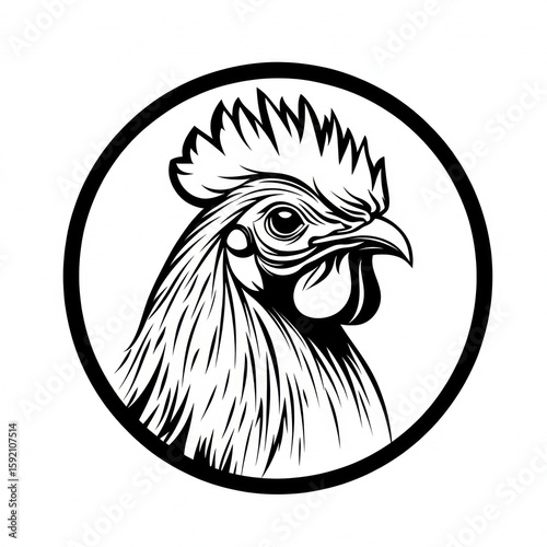 Black and white rooster head, circular design