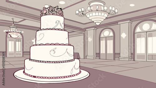 Elegant wedding cake illustration in ballroom with chandeliers and arched doorways design vector