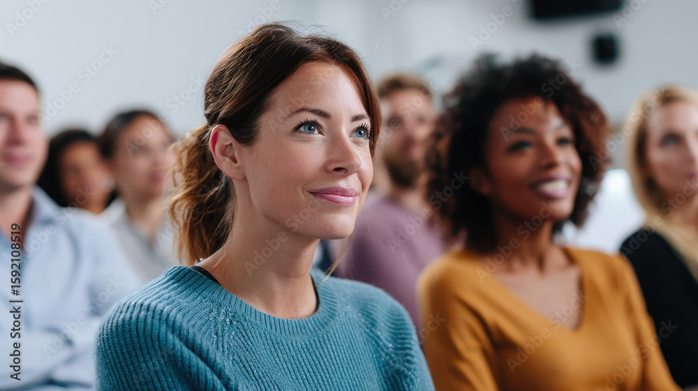 Obraz premium Young woman in blue sweater listening attentively in diverse group seminar with smiling people