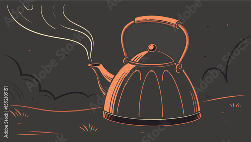 Vintage copper tea kettle illustration with steam for tea time and kitchen decor art print design