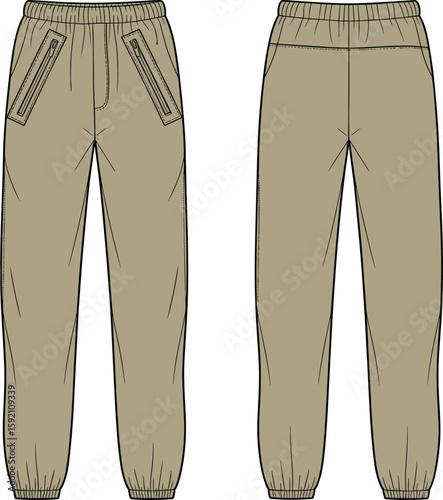 Beige jogger pants CAD drawing, flat vector illustration, fashion sketch template, zippered pockets front, welt pockets back, stylish garment design
