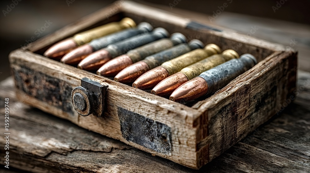 Rifle bullets are neatly arranged inside an old wooden crate, showcasing military ammunition and evoking themes of war, conflict, and historical weaponry Rifle bullets are neatly arranged inside an old wooden crate, showcasing military ammunition and evoking themes of war, conflict, and historical weaponry